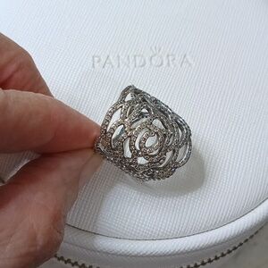 Pandora Vintage Stirling Silver And Clear CZ Shimmering Rose Ring.